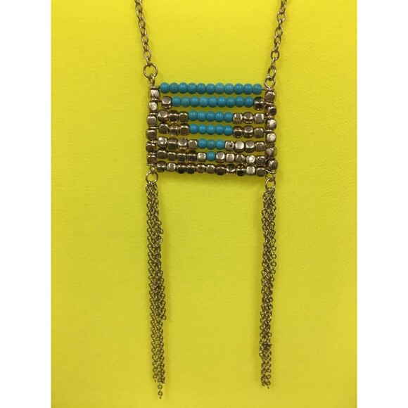 Bay to Baubles Pendant Necklace Indiana Beaded Turquoise Gold-Tone Square NIB - Picture 5 of 6